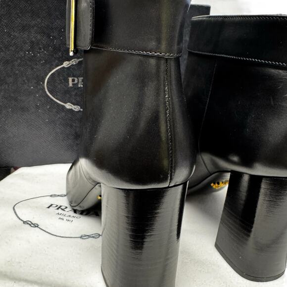 NEW Prada Black Leather Round Toe Platform Block Heel Ankle Boots Size 38 / US 8 - Picture 6 of 11
